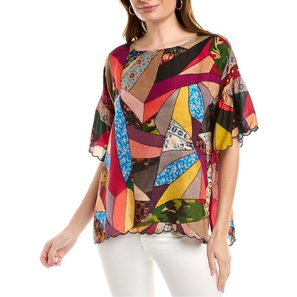 NWOT JOHNNY WAS scalloped Eloise Silk Top In Multicolor, Small $255 F14